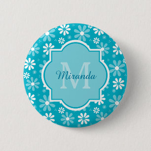 Girl Monogram Türkise Daisy Blume mit Namen Button