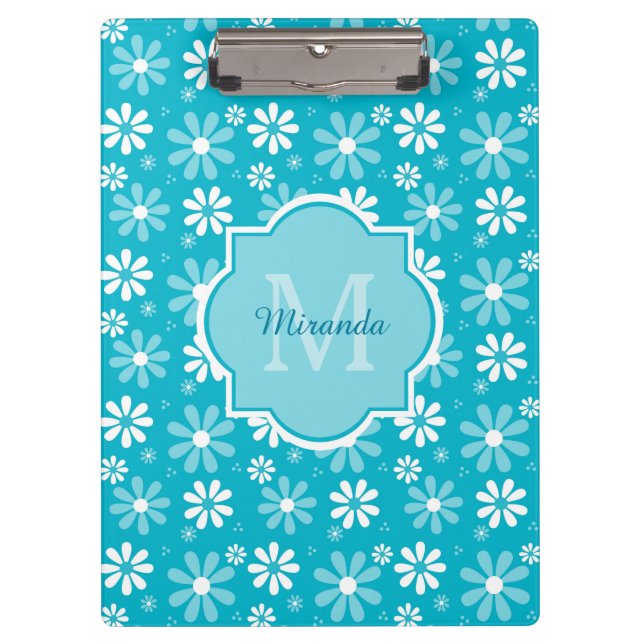 Girl Monogram Türkise Daisy Blume mit Namen Klemmbrett (Vorderseite)