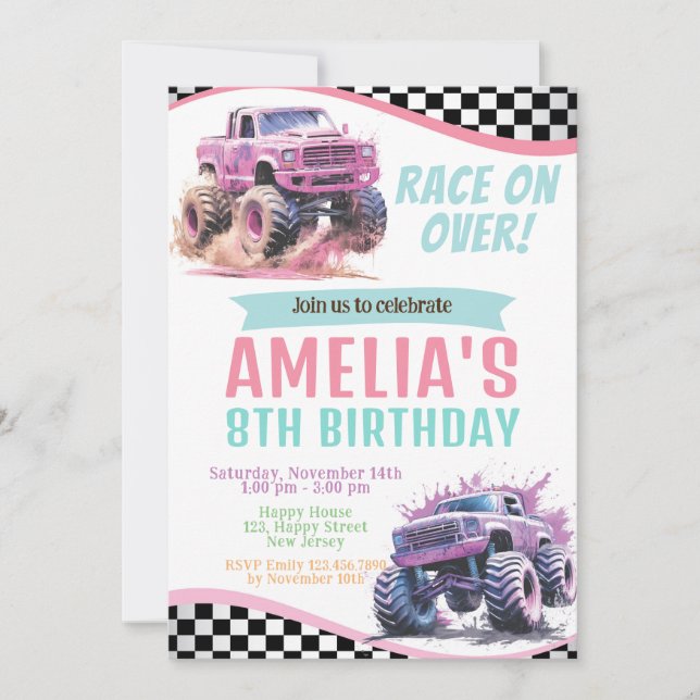 Girl Monster Trucks Geburtstagseinladung. Rennen Einladung (Vorderseite)