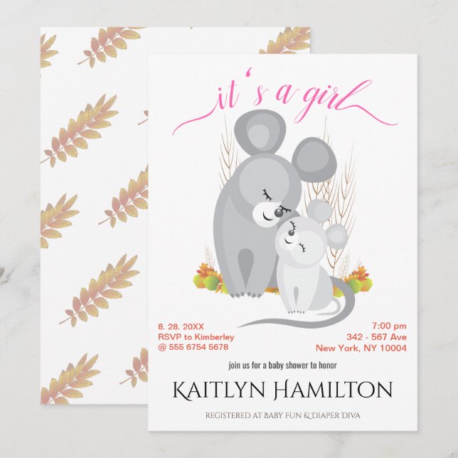 Girl Mouse Mutter Babyduschmäuse Holzahorn Einladung (Vorne/Hinten)