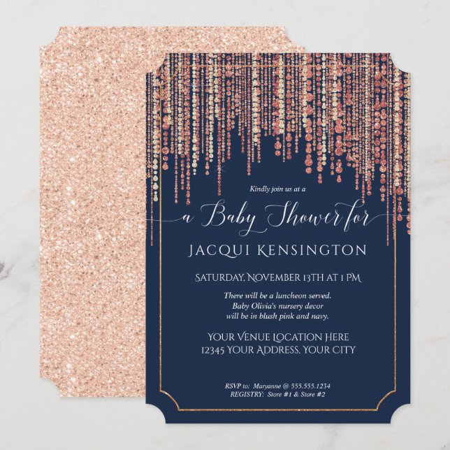 Girl Navy Fringe Rose Gold Glitzer Kinderdusche Einladung (Vorne/Hinten)