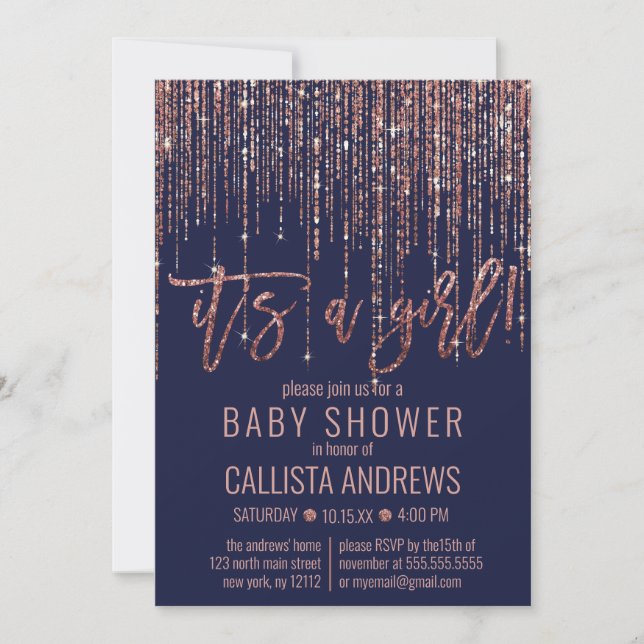 Girl Navy Rose Gold Glitzer Fringe Baby Dusche Einladung (Vorderseite)