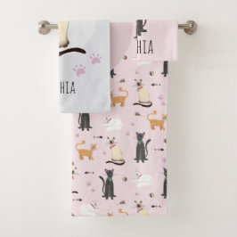 Girl Niedlich Cat Cartoon Rosa Muster & Name Kinde Badhandtuch Set