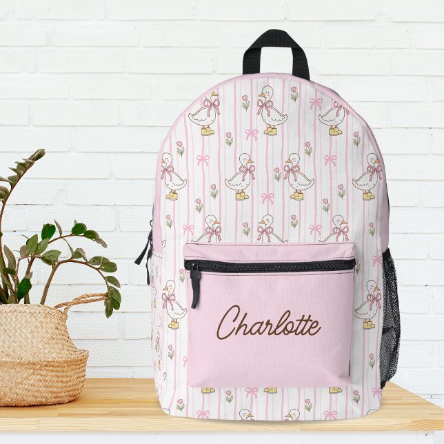 Girl Niedlich Coquette Goose mit rosa Bow Monogram Bedruckter Rucksack (Von Creator hochgeladen)