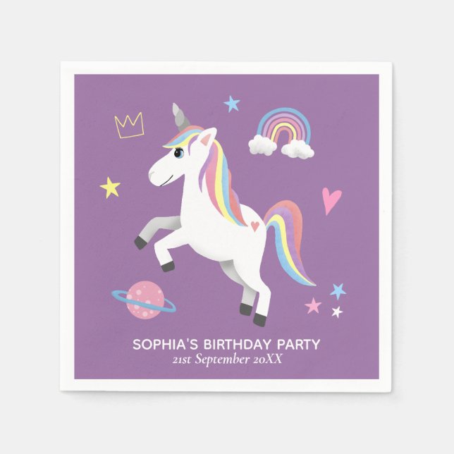 Girl Niedlich Magical Lila Unicorn Kindergeburtsta Serviette (Vorderseite)