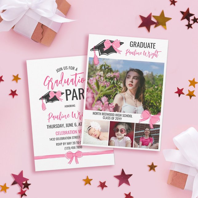 Girl Niedlich Pink Bows Fotos Abschluss Celebratio Einladung (Von Creator hochgeladen)