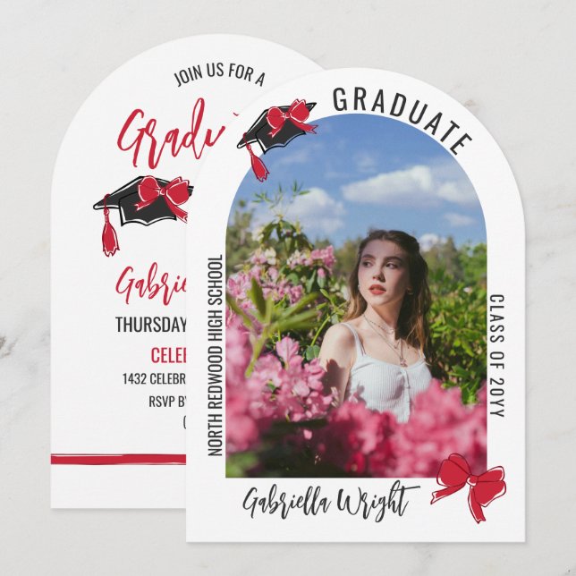 Girl Niedlich Red Bows Arch Abschluss Celebration Einladung (Vorne/Hinten)