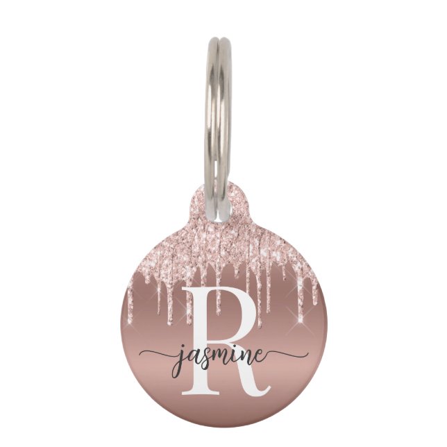 Girl Niedlich Rose Gold Glitzer Monogram Script Haustiermarke (Vorderseite)