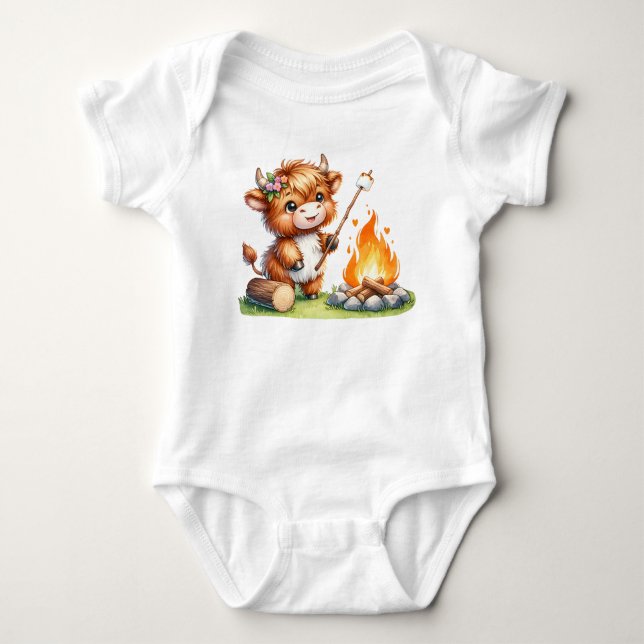 Girl-Niedliches Highland-Cow Smores-Camping Baby Strampler (Vorderseite)