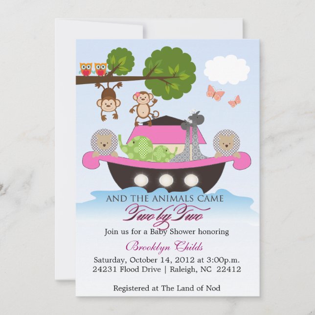 Girl Noah's Ark Set Sail Baby Dusche Einladung (Vorderseite)