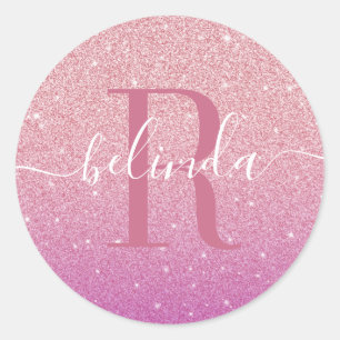 Girl Ombre Pink Lila Glitzer Monogram Name Runder Aufkleber