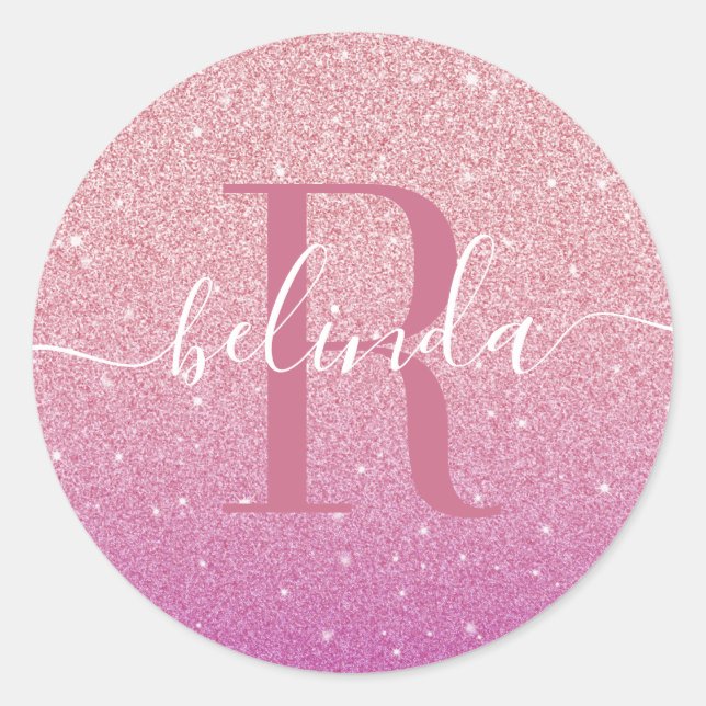 Girl Ombre Pink Lila Glitzer Monogram Name Runder Aufkleber (Vorderseite)
