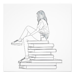 Girl on Books Line Art Fotodruck