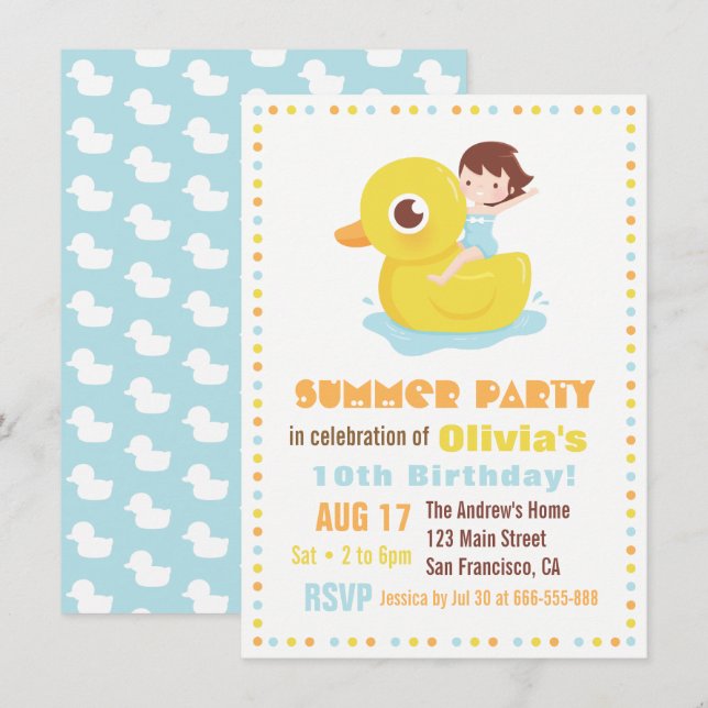 Girl on Rubber Duck Pool Float Kindergeburtstag Pa Einladung (Vorne/Hinten)