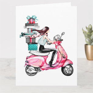 Girl on Scooter mit Weihnachtsgeschenken Karte