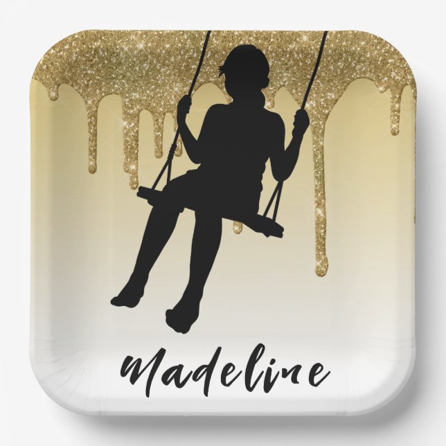Girl on Swing Gold Glitzer Tropfen Ombre Pappteller (Vorderseite)