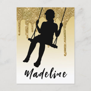 Girl on Swing Gold Glitzer Tropfen Ombre Postkarte