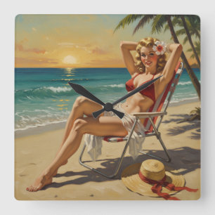 Girl On the Beach Retro "50er Button-up Art Quadratische Wanduhr