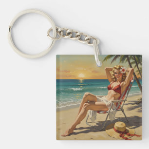 Girl On the Beach Retro "50er Button-up Art Schlüsselanhänger
