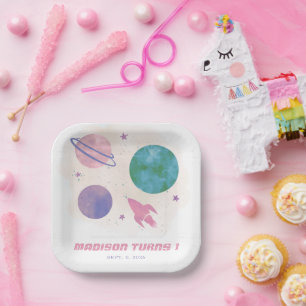 Girl Outer Space Watercolor Planet 1. Geburtstag Pappteller