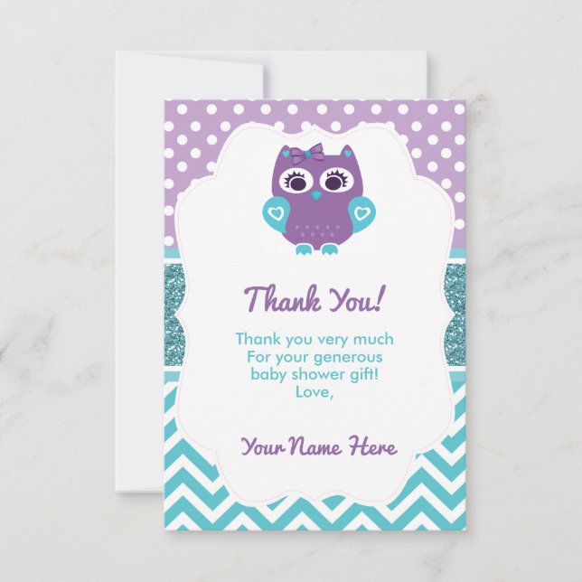 Girl Owl Dankeschön Card Lila Aquamarin Dankeskarte (Vorderseite)