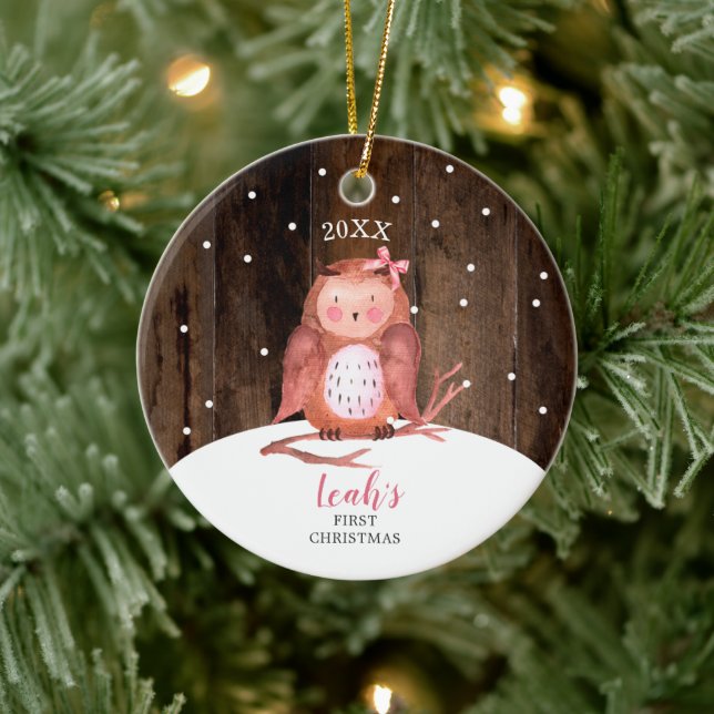 Girl Owl Niedliches Personalisiert Woodland Weihna Keramik Ornament (Baum)