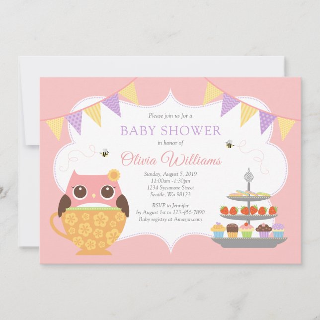 Girl Owl Tea Party Kinderdusche Einladung (Vorderseite)
