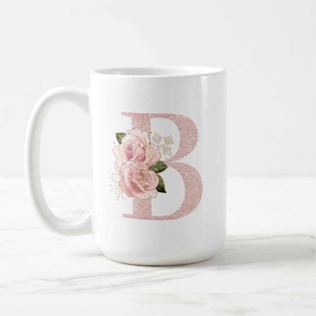 Girl Pale Rose Gold Glitzer Floral Monogram B Kaffeetasse (Links)