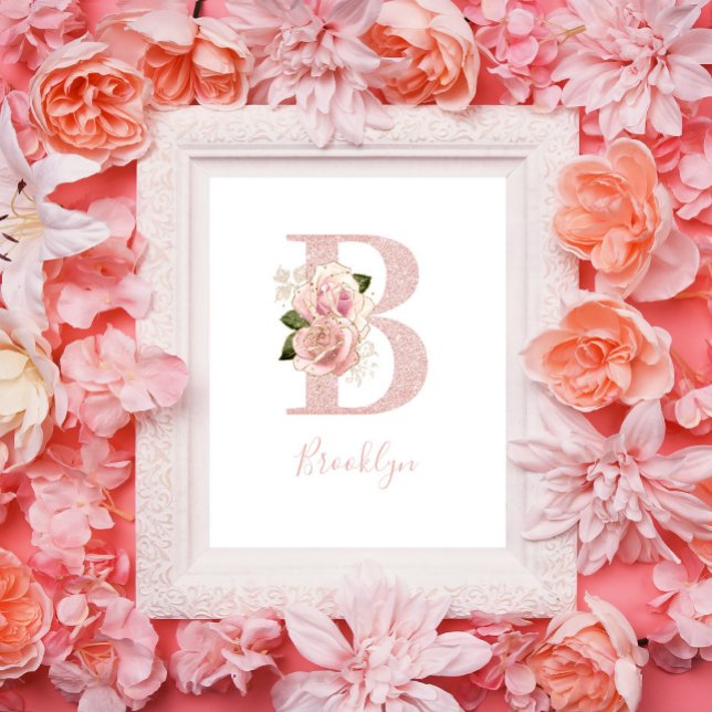 Girl Pale Rose Gold Glitzer Floral Monogram B Poster (Floral B Monogram Poster)