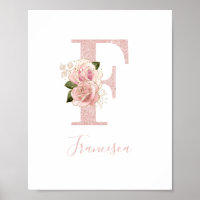 Girl Pale Rose Gold Glitzer Floral Monogram F