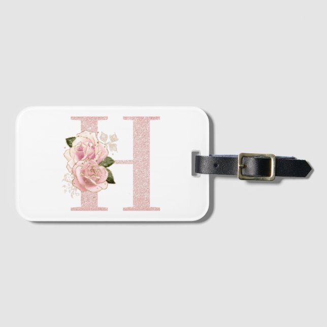 Girl Pale Rose Gold Glitzer Floral Monogram H Gepäckanhänger (Vorderseite (Horizontal))