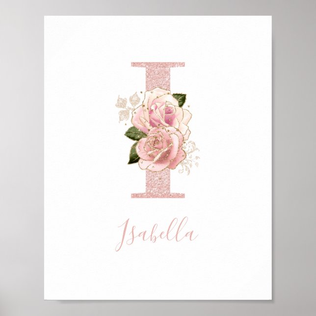 Girl Pale Rose Gold Glitzer Floral Monogram I Poster (Vorne)