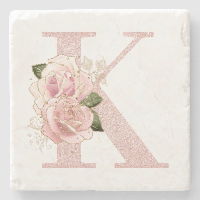 Girl Pale Rose Gold Glitzer Floral Monogram K Steinuntersetzer (Vorderseite)
