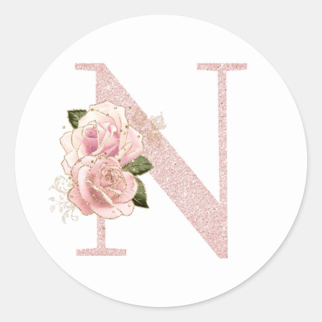 Girl Pale Rose Gold Glitzer Floral Monogram N Runder Aufkleber (Vorderseite)