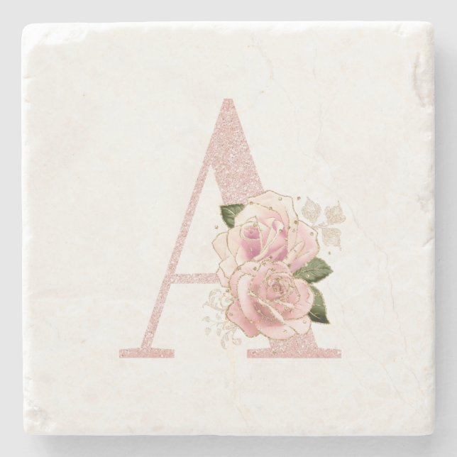 Girl Pale Rose Gold Glitzer Floral Monogramm A Steinuntersetzer (Vorderseite)