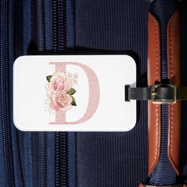 Girl Pale Rose Gold Glitzer Floral Monogramm D Gepäckanhänger (Vorderseite Insitu 4)