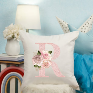 Girl Pale Rose Gold Glitzer Floral R Monogramm Kissen