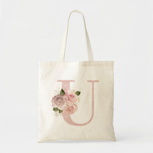 Girl Pale Rose Gold Glitzer Floral U Monogramm Tragetasche