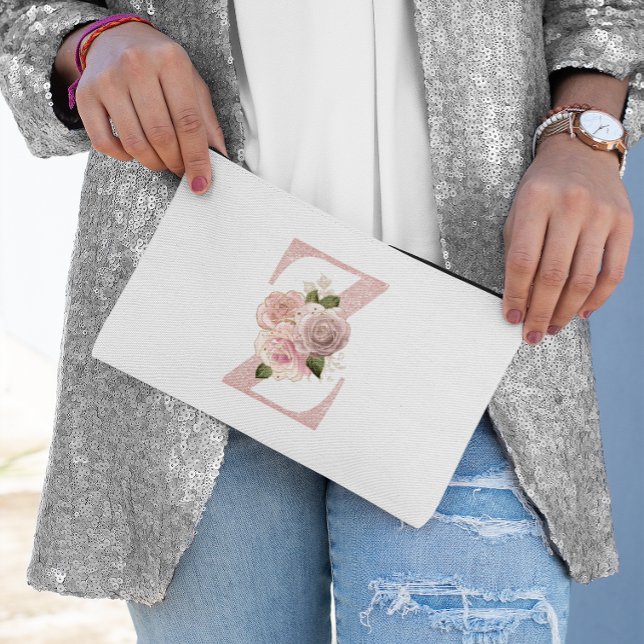 Girl Pale Rose Gold Glitzer Floral Z Monogramm Zubehörtasche (Girly Pale Rose Gold Glitter Floral Z Monogram Accessory Pouch)