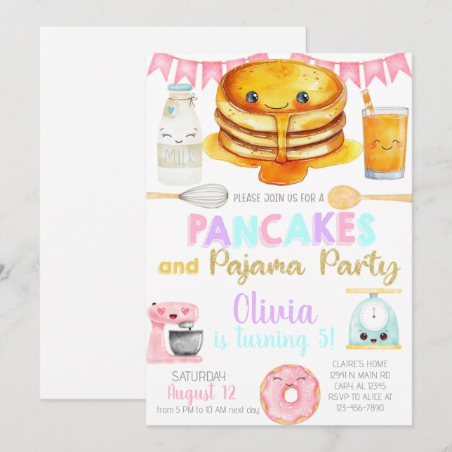 Girl pancakes and pajama birthday party invite. einladung (Vorne/Hinten)