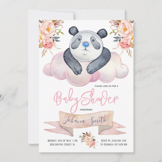 Girl Panda Pink Blumendusche Einladung (Vorderseite)