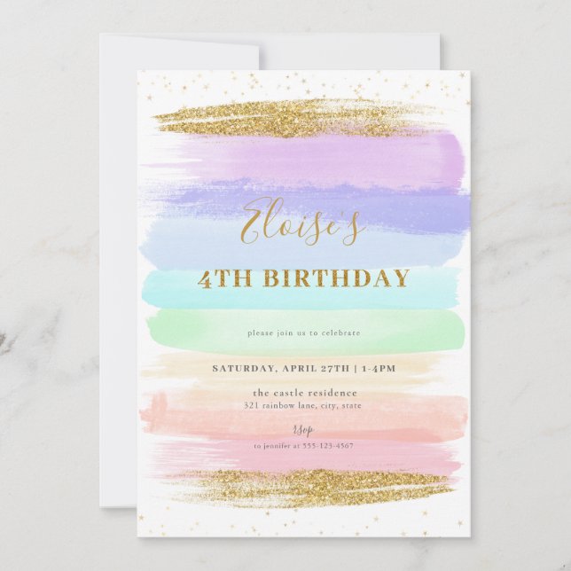 Girl Pastel Rainbow 4th Birthday Invitation (Devant)