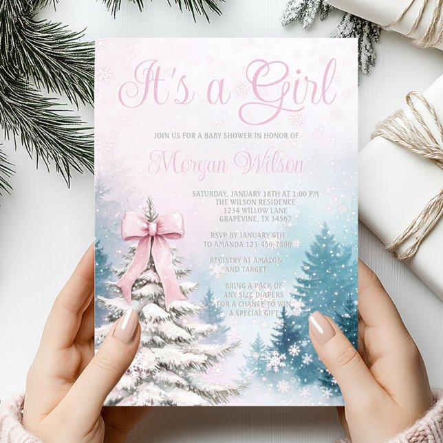Girl Pastel Watercolor Winter Wunderland Einladung (Beautiful pastel winter wonderland girl baby shower invitation. Simply add your event details.)