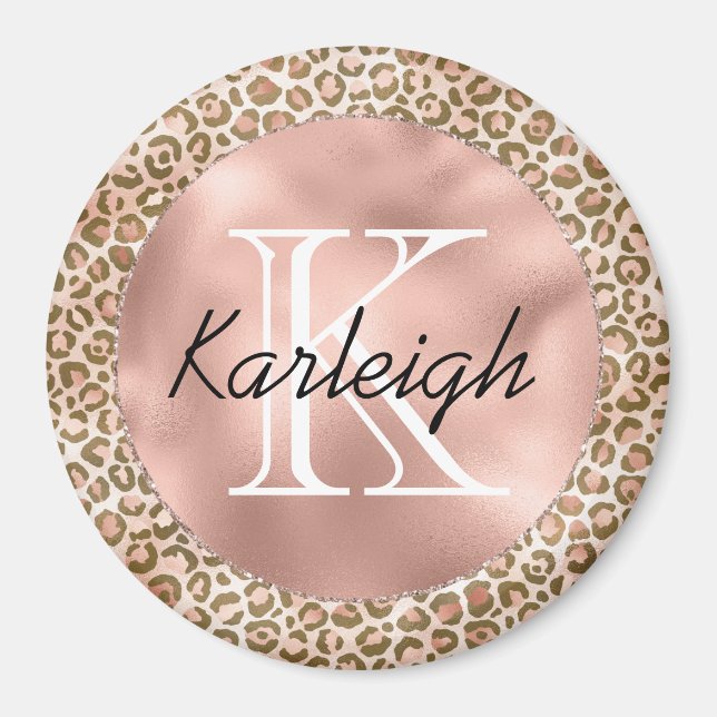 Girl Peach Brown Leopard Print Monogram Magnet (Vorne)