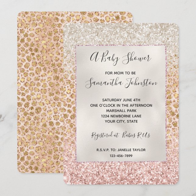 Girl Peach Gold Leopard Print Pink Glitzer Glitzy Einladung (Vorne/Hinten)