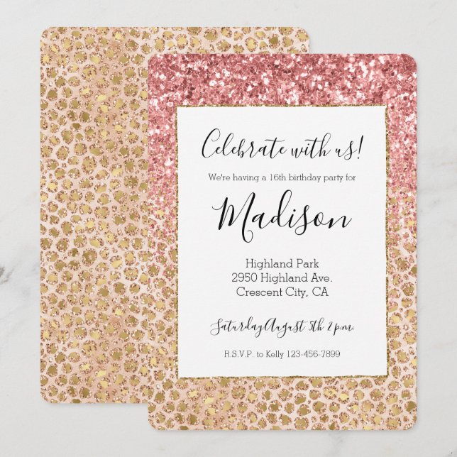 Girl Peach Gold Leopard Print Pink Glitzer Glitzy Einladung (Vorne/Hinten)
