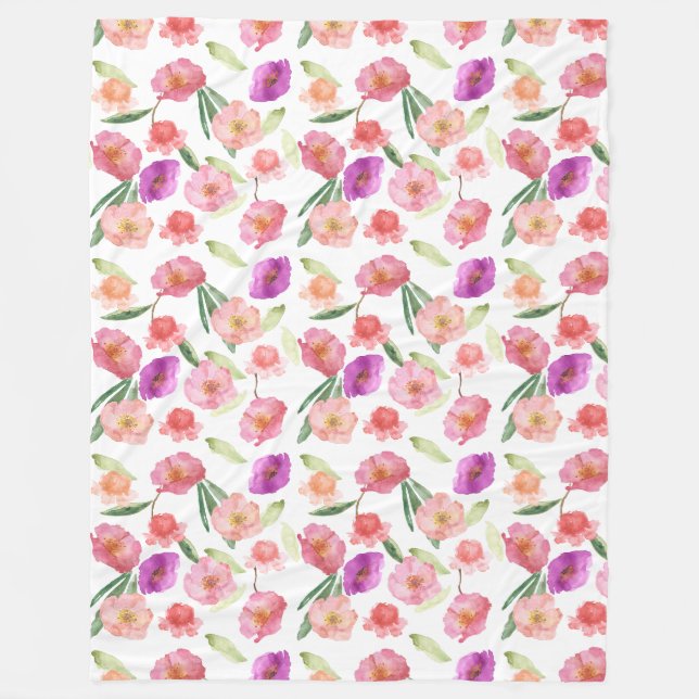 Girl Peach Pink Lila Floral Wasserfarbe Fleecedecke (Vorderseite)