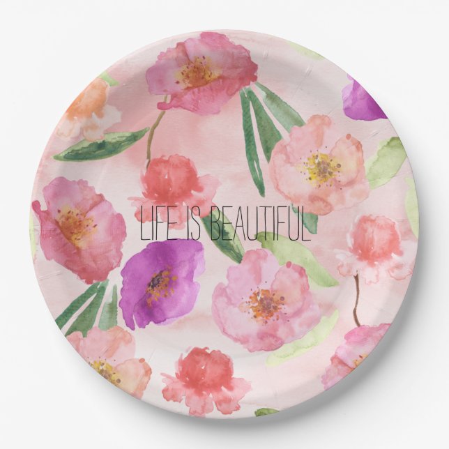 Girl Peach Pink Lila Floral Wasserfarbe Pappteller (Vorderseite)