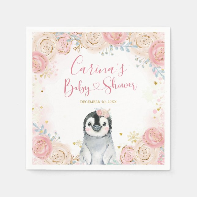 Girl Penguin Winter Snowflake Babydusche Napkins Serviette (Vorderseite)