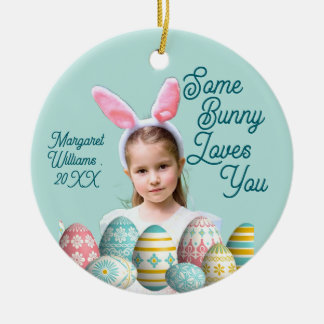 Girl Photo Bunny Ears Cute Blue Keramik Ornament